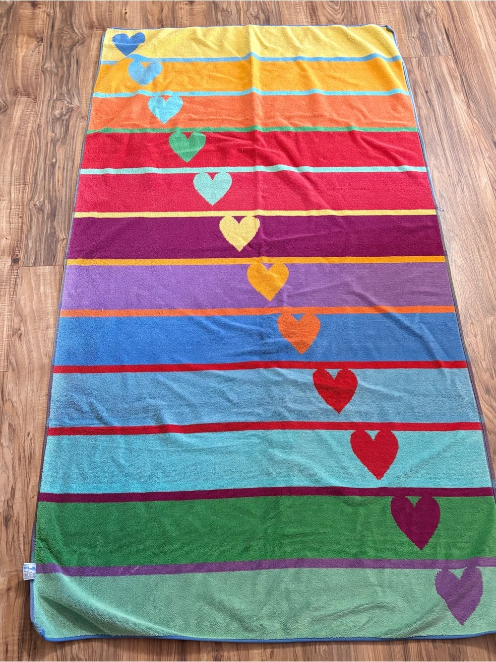 Vtg Cecil Saydah Rainbow Stripe Beach Towel Sheet Hearts Terry Cloth 35x69 Large